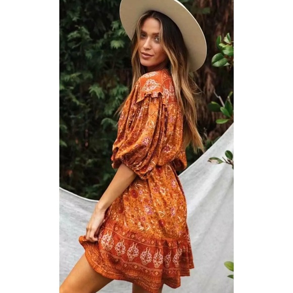 Rust Floral Bohemian Ruffle Mini Dress - Picture 4 of 9